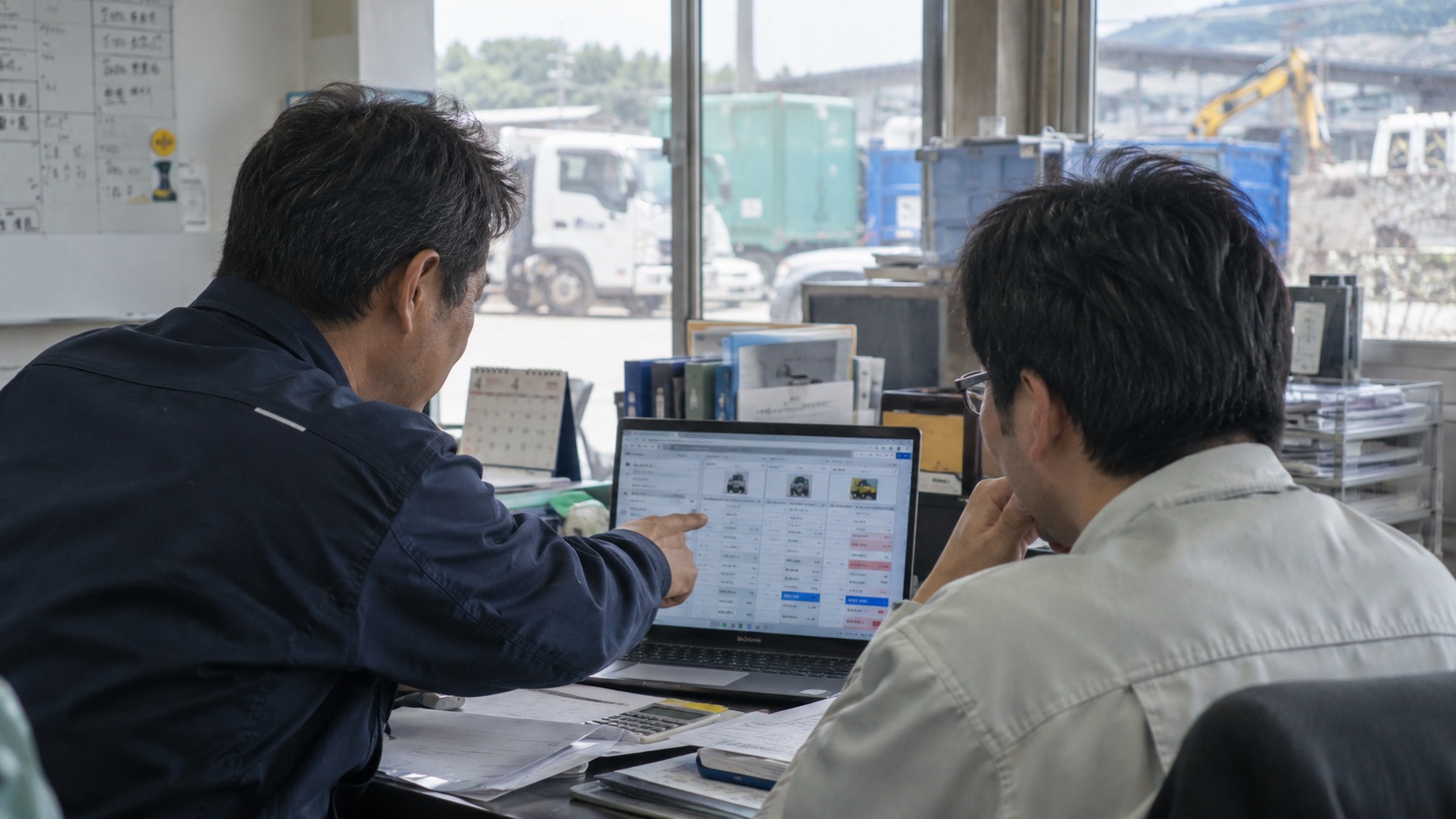 産業廃棄物管理：2人の担当者がPC画面に表示された見積比較表を挟んで採用業者を議論している場面