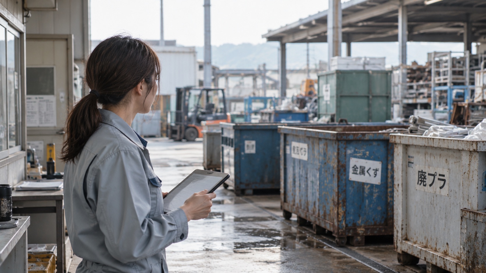 産業廃棄物の排出事業者：担当者がPCでAIが生成した業者リストを確認し、同僚が背後から覗き込んで一緒に最適業者を選んでいる場面