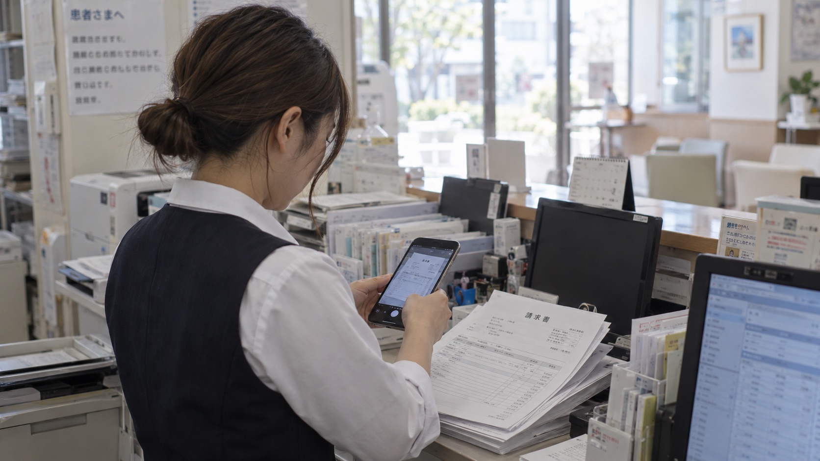社会福祉法人：経理担当者がスマホで紙の請求書を撮影し、別のスタッフがPCで自動生成された振込データを確認している場面