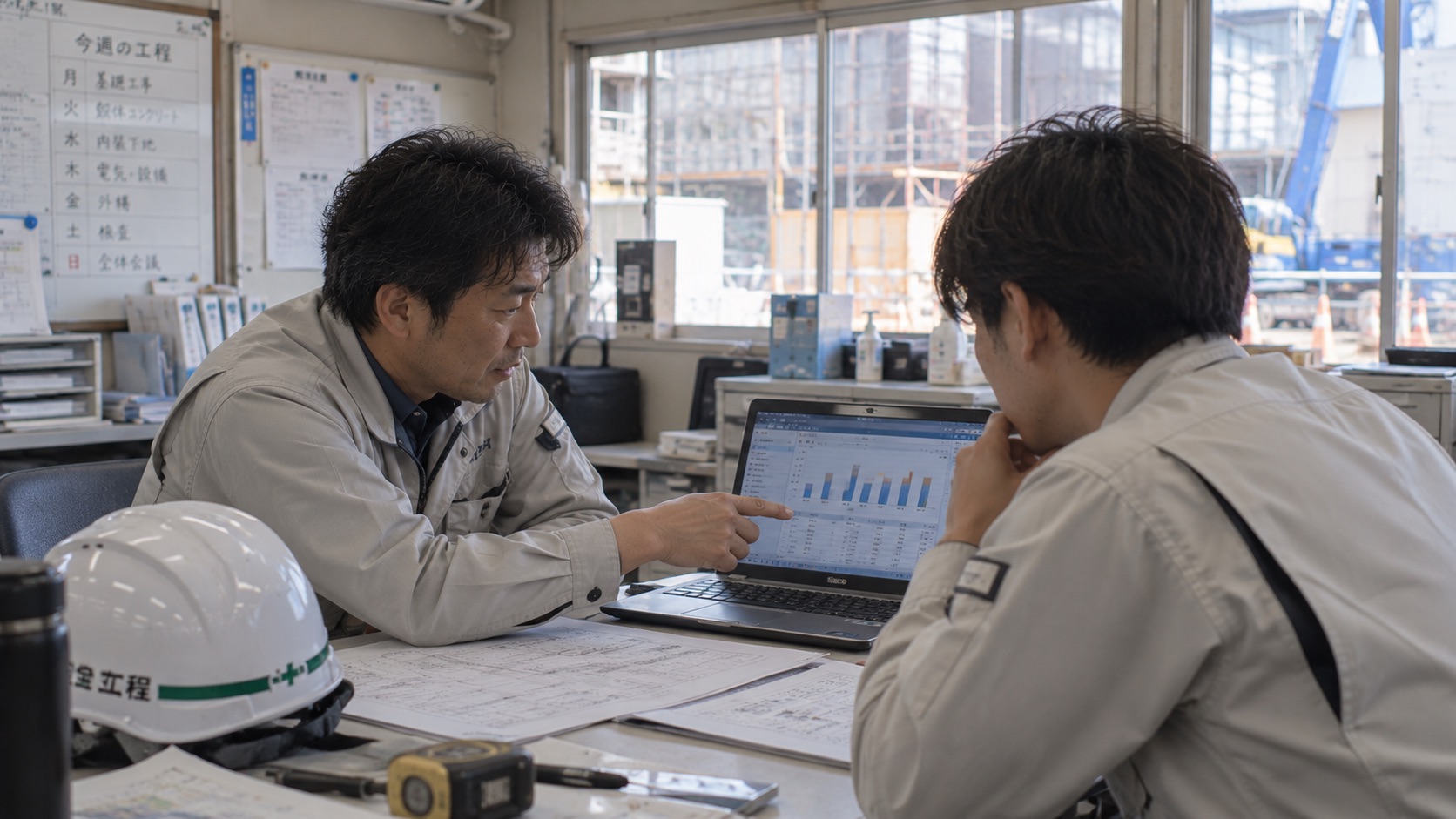 建設業：ヘルメット姿の現場監督と経理担当者が、AIが赤字兆候を検知した工事原価グラフをタブレットで一緒に見ながら対策を話し合っている場面
